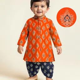 EARTHY TOUCH Single Jersey Knit Full Sleeves Kurta & Dhoti Set with Kolka Motif Print - Orange & Navy Blue-picture-39
