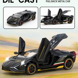 Fiddlerz Die-Cast Car Toy 1:32 Scale with Pull Back Action Openable Doors LED Lights Realistic Sound Sports Premium Collectible Model Metal Car for Kids and Adults (Black)-image-30