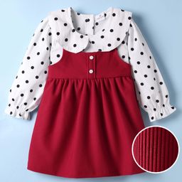 Mark & Mia Full Sleeves Polka Dots Printed Corduroy Frock - White & Maroon-image-33