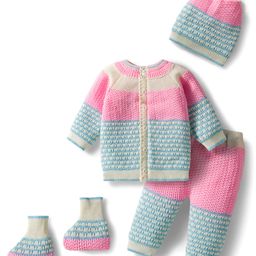 Babyhug Knit Full Raglan Sleeves Front Open Sweater & Pant Set with Cap & Booties with Color Block Design - Pink & Light Blue-picture-17