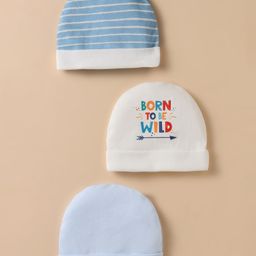 Bubble Pop Cotton Knit Baby Caps with Stripe Design & Born to be Wild Print Pack of 3 Blue & White - Diameter 9 cm-picture-15