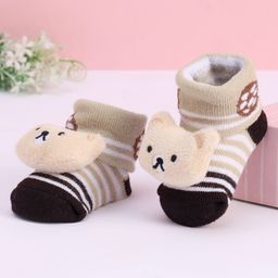 Cute Walk by Babyhug Striped Fabric Socks With Teddy Bear Applique - Beige-image-84