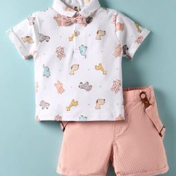 ToffyHouse Interlock Knit Half Sleeves T-Shirt & Woven Short Set with Bow & Suspender - Peach-picture-38
