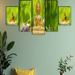 Livin'luxe Green & Gold-Toned 5 Pieces Wooden Religious Buddha Painting Wall Art-picture-15