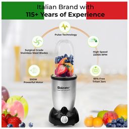 Balzano High Speed Nutri-PRO Bullet Mixer Grinder (Powerful 500W) Blender for Smoothies and Juices/Smoothie Maker - 2 Jars & 2 Blades, Mixer Grinder with Pulse Function, Italian Design & Technology image 3