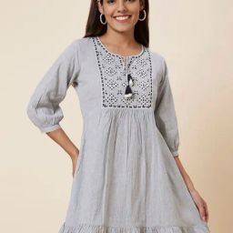 Globus Grey Cotton Embroidered A Line Dress-image-15