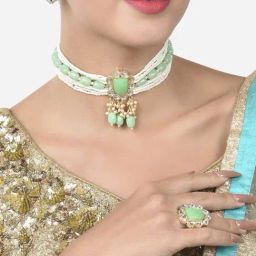 Zaveri Pearls Green Stones & Beads Multistrand Choker Necklace Earring & Ring Set-ZPFK15203-11