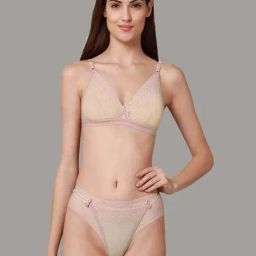 AROUSY Beige Self Pattern Bra Panty Set-5