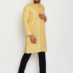 SOJANYA Men Yellow Printed Straight Kurta image 5