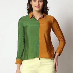 Prettify Green & Mustard Color-Block Shirt Style Top-picture-2