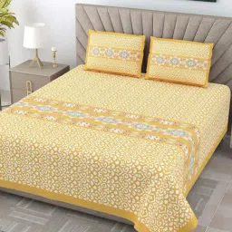 JaipurFabric Yellow Pure Cotton 240 TC Ethnic King Size Bedsheet with 2 Pillow Covers-image-84
