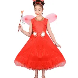Ahhaaaa Kids Red Embellished Dress, Wings, Hair Band with Fairy Stick-image-2
