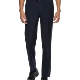 Louis Philippe Gods & Kings Navy Slim Fit Striped Flat Front Trousers-image-34
