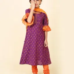 Fabindia Kids Purple with Orange Floral Print Kurta, Churidar with Dupatta-image-7