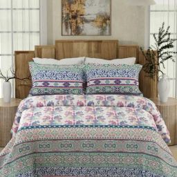 Boutique Living Gardenia Augusta Blue Cotton Ethnic 300 TC King Flat Bedsheet with 2 Pillow Covers-33