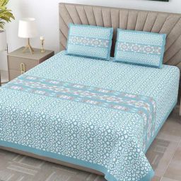 JaipurFabric Blue Pure Cotton 240 TC Ethnic King Size Bedsheet with 2 Pillow Covers-31