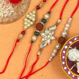 Karatcart Gold-Plated Kundan Rakhi with Roli Chawal & Greeting Card for Brother - Set of 4-26