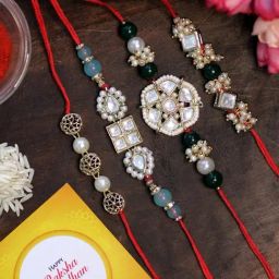 Karatcart Gold-Plated Handmade Kundan Rakhi with Roli & Chawal for Brother - Set of 4-14