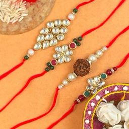 Karatcart Gold-Plated Kundan Rakhi with Roli Chawal & Greeting Card for Brother - Set of 4-12