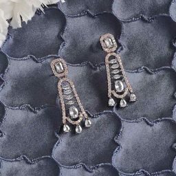 Zeneme Rosegold Gunmetal Toned White AD Studded Drop Earrings-44