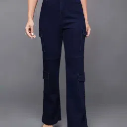 Miss Chase Navy Blue Wide Leg High Rise Clean Look Regular Length Stretchable Denim Jeans-image-101