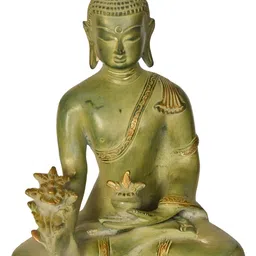 Exotic India Green & Gold Toned Buddha Brass Idol Showpiece-18