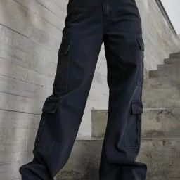 Broadstar Black Denim Relaxed Fit High Rise Cargo Jeans-image-107
