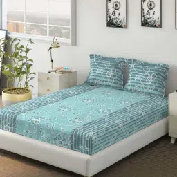 DDecor Sigma Floral Turquoise 136 TC Cotton Double Bedsheet with 2 Pillow covers-32