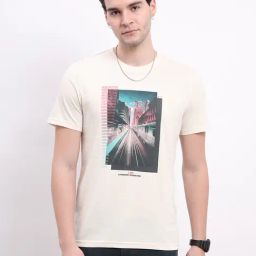 Lee Light Beige Regular Fit Graphic Print Cotton Crew T-Shirt-image-60