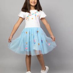 Zip Zap Zoop Girls Blue & White Regular Fit Embroidered Party Dress-image-20