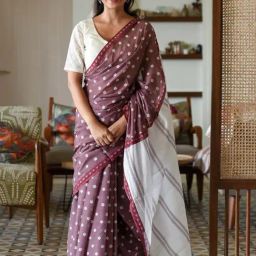 Suta Maroon & White Pure Cotton Woven Saree-image-61