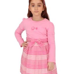 Cutecumber Kids Pink Striped Full Sleeves Dress with Hairband-image-53