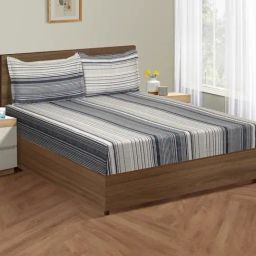 Swayam Dona Stripes White & Navy Blue 200 TC Cotton King Fitted Fitted Bedsheet with 2 Pillow Covers-image-93