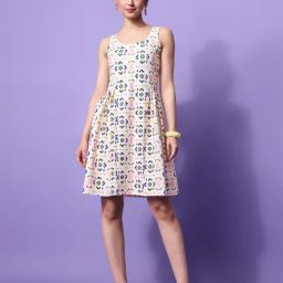 PURVAJA Beige Floral Print A Line Dress-image-91