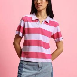 Bewakoof Pink & Purple Cotton Striped Polo T-Shirt-picture-47