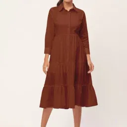 Moomaya Brown Cotton Regular Fit Shirt Dress-image-71