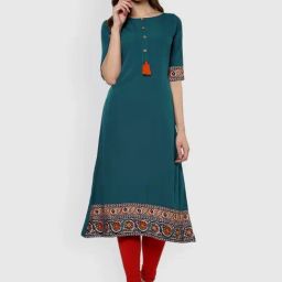 Janasya Teal Blue Printed A Line Kurta-image-0