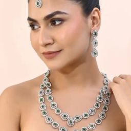 VOJ Ad Studded with White and Green Stone Layered Jewellery Set for Women-41