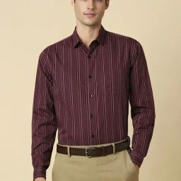Allen Solly Maroon Cotton Slim Fit Striped Shirt-image-100