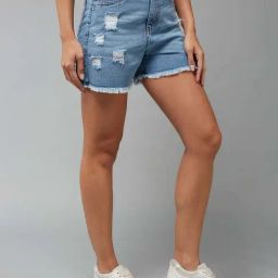 Miss Chase Blue Distressed Pattern Shorts-picture-16
