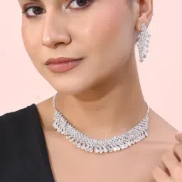 VOJ Ad Stone Studded Silver Plated Necklace with Drop Earrings Set for Women-image-44