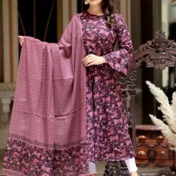 Miravan Purple Cotton Flared Floral Print Kurta With Dupatta-picture-17