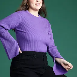 DressBerry Curve Acrylic Ribbed Flared Sleeve Pullover-picture-41
