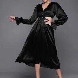 SASSAFRAS Women Black Solid Satin A-Line Midi Dress-image-92