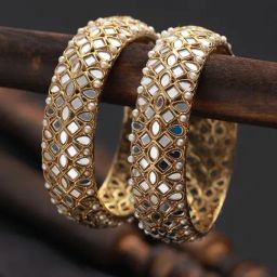 Jazz And Sizzle Gold-Plated White Kundan & Pearl Studded Bangles for Women - Set of 2-image-26