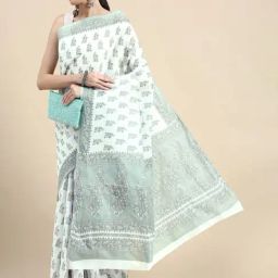 SHANVIKA White & Green Cotton Printed Saree Without Blouse-picture-32
