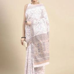 SHANVIKA White & Brown Cotton Printed Saree Without Blouse-picture-1
