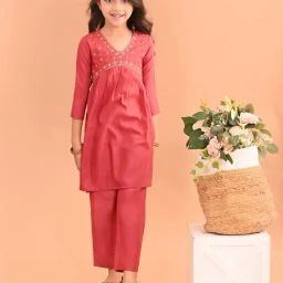 LilPicks Kids Red Embroidered Kurta with Plazzos-picture-15