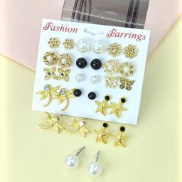 NAVJAI Set of 12 Gold-Plated Metal American Diamond Earrings-image-74