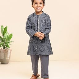 Babyhug Cotton Woven Full Sleeves Kurta & Pajama Set Ethnic Print - Grey-image-5